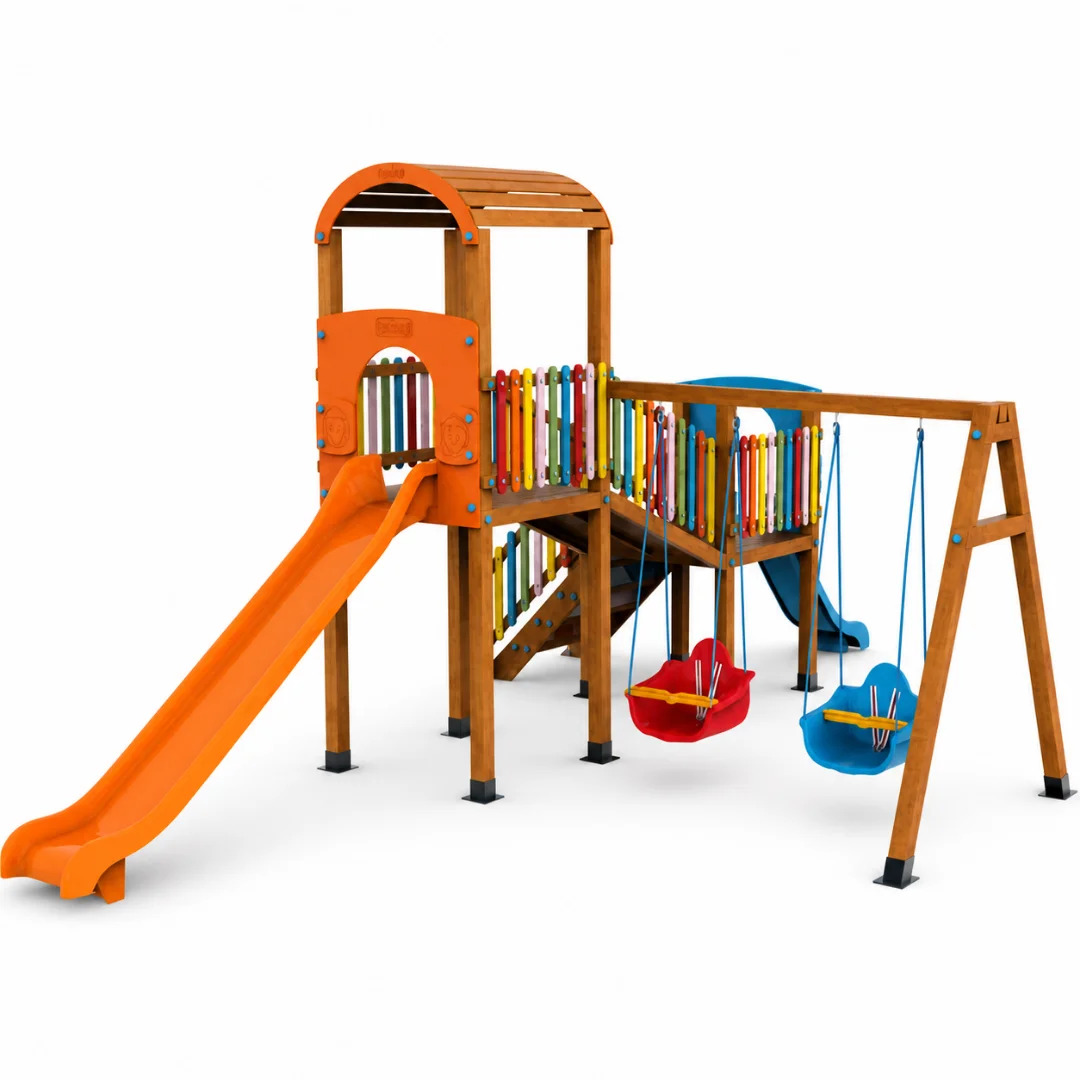 oyun-parki-ahsap-2-salincak-ve-kaydirakli Ahşap Çocuk Oyun Parkı - Görsel 1