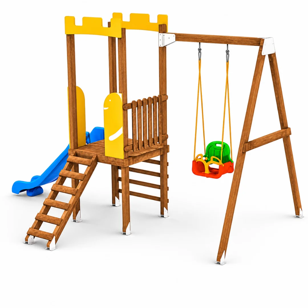 oyun-parki-ahsap-2-salincakli-kaydirakli Ahşap Çocuk Oyun Parkı - Görsel 1