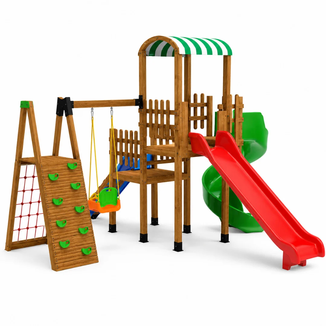 oyun-parki-ahsap-3-kaydirak-ag-tirmanmali Ahşap Çocuk Oyun Parkı - Görsel 1