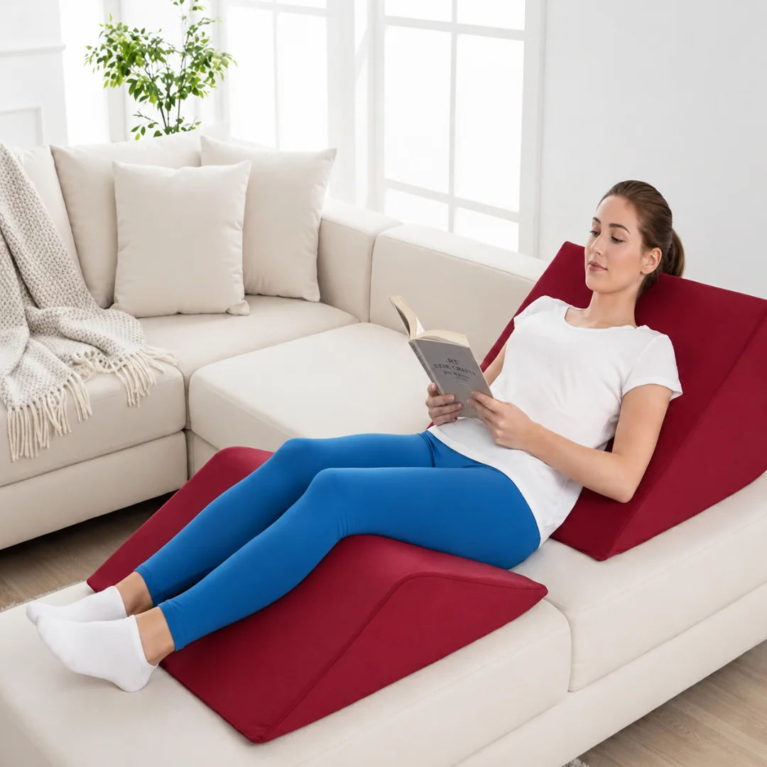 ortopedik-kama-ikili-minder Ortopedik kama destek minderi üzerinde dinlenen kadın, ergonomik eğimli sırt ve bacak destek sünger minder modeli